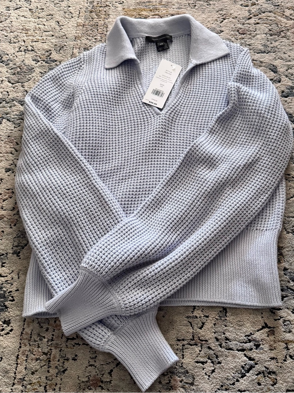 NWT French Connection Mozart Baby Blue Polo V-Neck Waffle Knit Cotton Sweater XS
